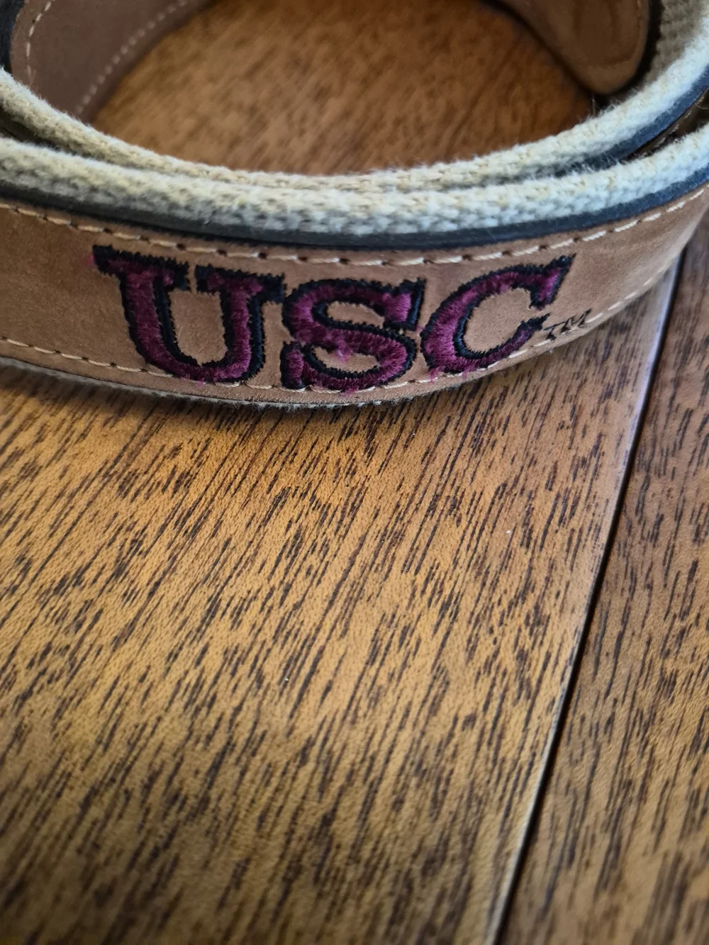 USC Embroidered Leather-Trim Men’s Belt - Tan Size 32